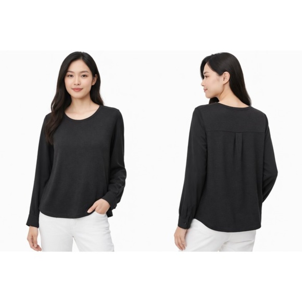 Loft Ann Taylor Black Mixed Media Long Sleeve Knit Woven Top M Goth Preppy 66-15